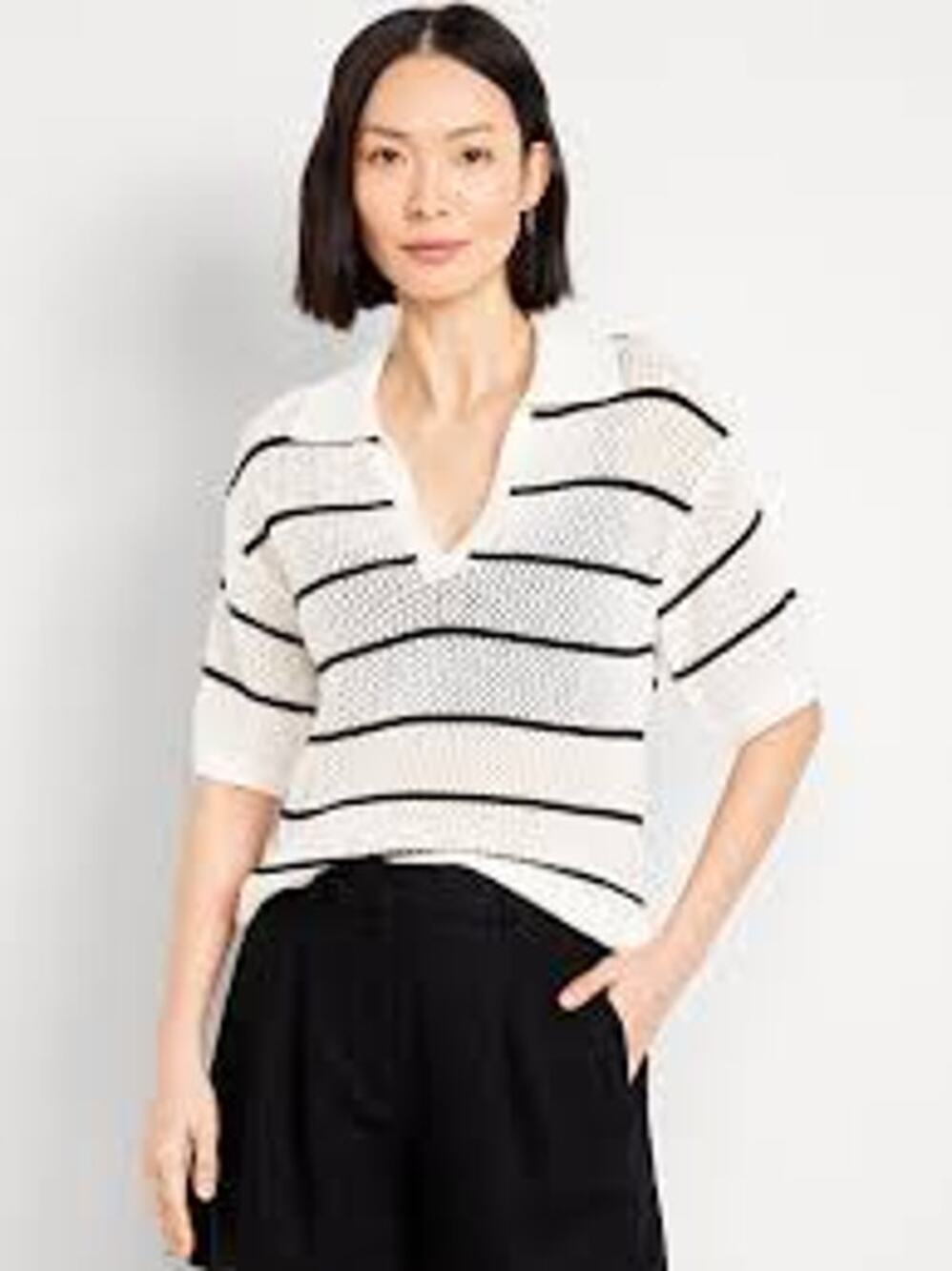 Old Navy Women’s Open Knit Sweater XS White Black Striped Polo Top Short Sleeve